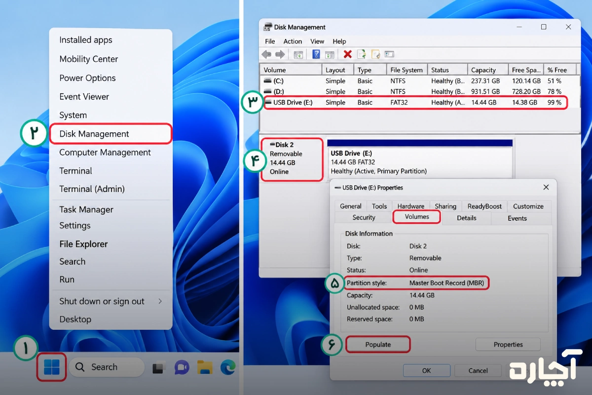 تشخیص فلش بوتیبل از طریق Disk Management